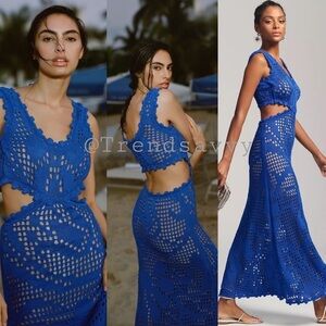 Anthropologie Cecilia Prado Blue Crochet Cutout Maxi Dress XS Resort NWT